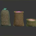 Three Different Sizes Burlap Storage Sacks Filled With White Granular Substance For Household Use