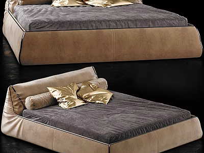 Modern Beige Leather Double Bed With Gold Pillows And Comfortable Design 3d model