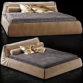 Modern Beige Leather Double Bed With Gold Pillows And Comfortable Design