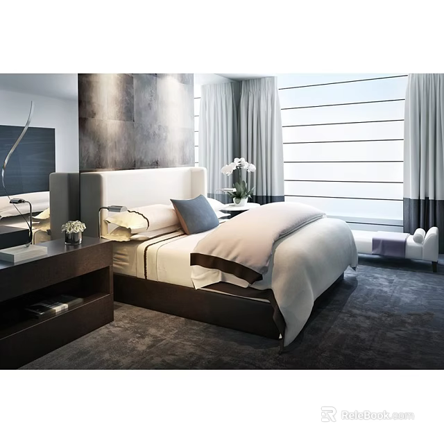 Bright Modern Bedroom With Background Double Bed White Headboard Blue Cushion And Large Window 3d model 