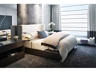 Bright Modern Bedroom With Background Double Bed White Headboard Blue Cushion And Large Window 3d model