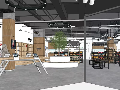 Modern Specialty Store Interior Design With Wooden Displays Central Green Plant And Product Shelves 3d model