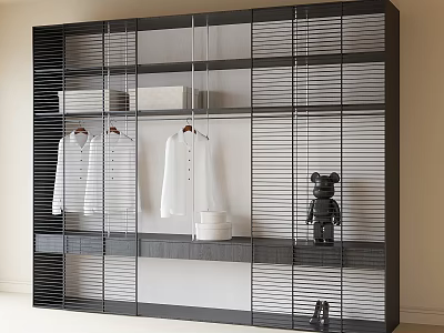 Modern Minimalist Wardrobe With Slatted Design Hanging Shirts Storage Boxes And Decorative Bear 3d model