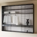 Modern Minimalist Wardrobe With Slatted Design Hanging Shirts Storage Boxes And Decorative Bear