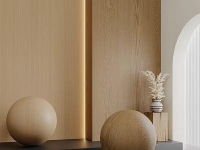 Minimalist Modern Interior Decor With Wooden Walls Warm Lighting Spherical Ornaments And Dried Flowers 3d model