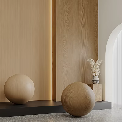 Minimalist Modern Interior Decor With Wooden Walls Warm Lighting Spherical Ornaments And Dried Flowers 3d model