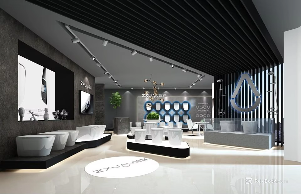 Modern Bathroom Specialty Store Interior Design With Black Ceiling White Floor Chandelier And Displayed Washbasins Taps 3d model 