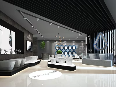 Modern Bathroom Specialty Store Interior Design With Black Ceiling White Floor Chandelier And Displayed Washbasins Taps 3d model