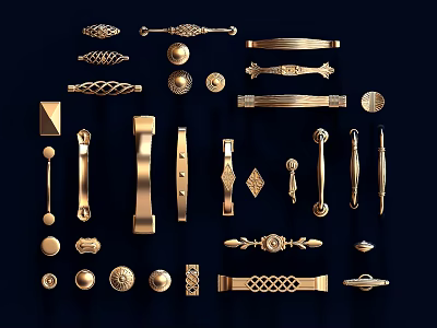 Golden Decorative Door Handles With Various Ornate Designs And Styles 3d model