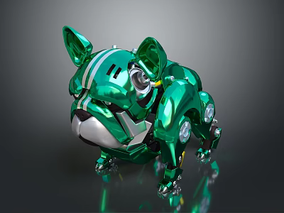 Green Mechanical Bulldog Creature Character With Shiny Metallic Body And Robotic Details 3d model