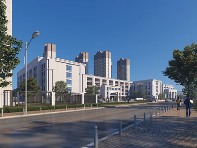 Modern School Building Complex With Multiple Classroom Structures Trees And Street Lamps 3d model