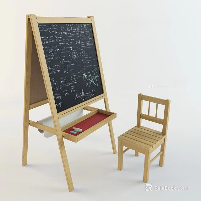 Wooden Hanging Accessory With Math Formulas Diagrams Stand Red Tray Chalk Eraser And Chair 3d model 