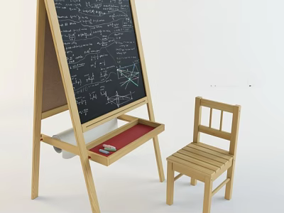 Wooden Hanging Accessory With Math Formulas Diagrams Stand Red Tray Chalk Eraser And Chair 3d model