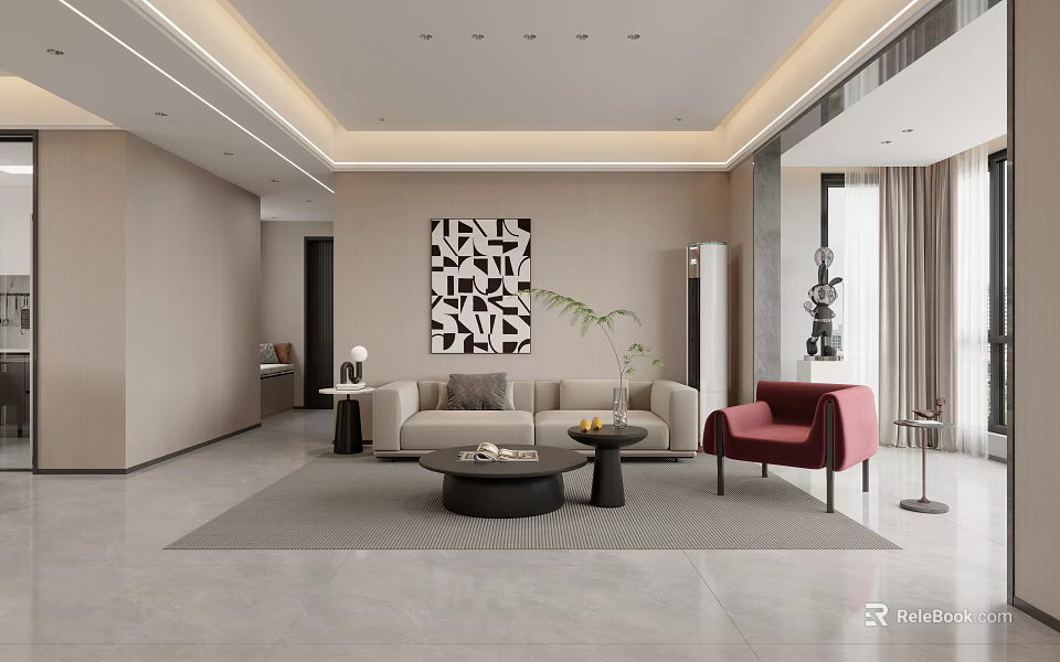 Modern Living Dining Room With Beige Sofa Red Armchair Black Coffee Table Geometric Wall Art 3d model 