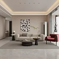 Modern Living Dining Room With Beige Sofa Red Armchair Black Coffee Table Geometric Wall Art