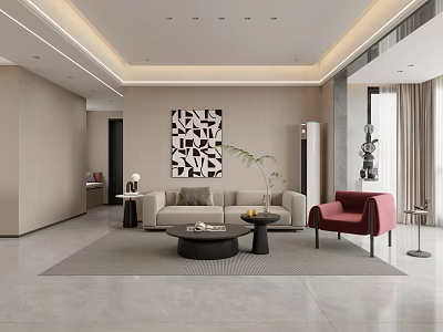 Modern Living Dining Room With Beige Sofa Red Armchair Black Coffee Table Geometric Wall Art 3d model