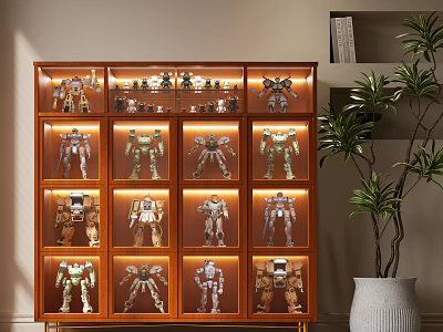 Wooden Display Cabinet with Glass Doors LED Lighting and Multiple Compartments Displaying Robot Figures 3d model