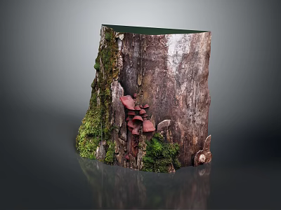 Lush Green Moss and Red Mushrooms Growing on a Natural Tree Stump with Small Plants 3d model