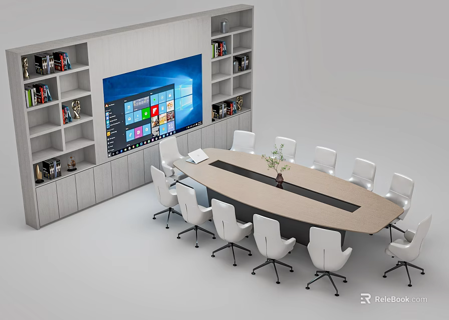 Modern Oval Conference Table With White Chairs Large Screen And Bookshelves 3d model 