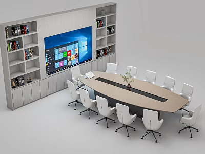 Modern Oval Conference Table With White Chairs Large Screen And Bookshelves 3d model