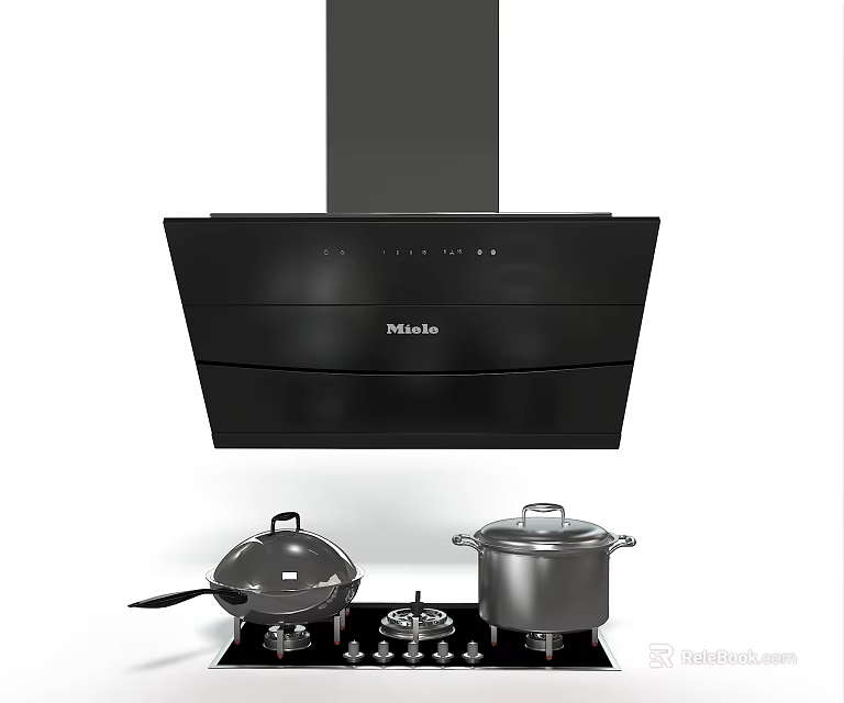 Modern Kitchen Appliances Featuring Black Range Hood Gas Stove And Cooking Pots 3d model 