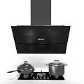 Modern Kitchen Appliances Featuring Black Range Hood Gas Stove And Cooking Pots