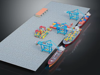 Modern Port Terminal With Container Ships Cranes And Colorful Containers 3d model