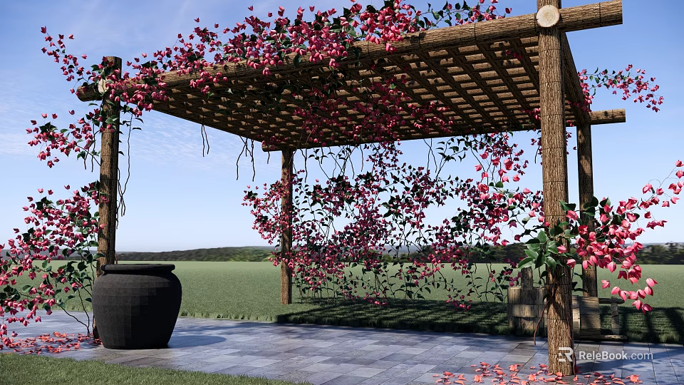 Wooden Pergola With Red Climbing Flowers Black Pottery Jar And Stone Slab Floor 3d model 