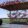 Wooden Pergola With Red Climbing Flowers Black Pottery Jar And Stone Slab Floor