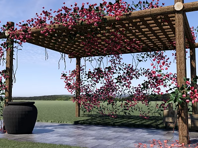 Wooden Pergola With Red Climbing Flowers Black Pottery Jar And Stone Slab Floor 3d model