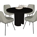 Modern Round Dining Table Set With Black Tabletop Light Gray Chairs And Woven Basket 3d model