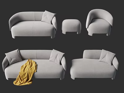Gray Multi-seat Sofa With Pillows Ottoman And Yellow Throw Blanket 3d model