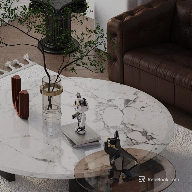 Brown Leather Sofa And Marble Coffee Table With Green Plant Transparent Vase Small Astronaut Figurine 3d model 