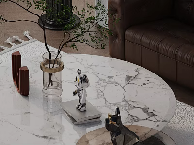 Brown Leather Sofa And Marble Coffee Table With Green Plant Transparent Vase Small Astronaut Figurine 3d model