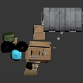 Building Side Area With Wheeled Gray Trash Bin And Scattered Cardboard Boxes