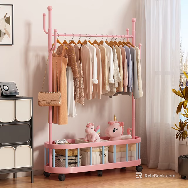 Pink Garment Rack With Hanging Clothes Storage Basket And Unicorn Plush Toys 3d model 
