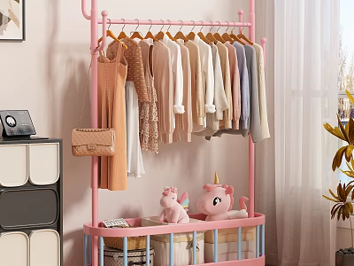 Pink Garment Rack With Hanging Clothes Storage Basket And Unicorn Plush Toys 3d model