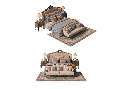Classic Double Bed With Ornate Headboard Pillows Bedside Tables Table Lamps And Area Rug 3d model