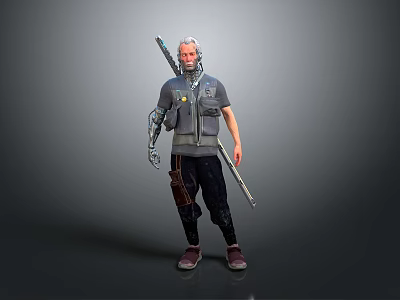 Man with Mechanical Arm and Long Rifle in Cyberpunk Gray Vest and Black Pants 3d model