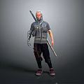 Man with Mechanical Arm and Long Rifle in Cyberpunk Gray Vest and Black Pants