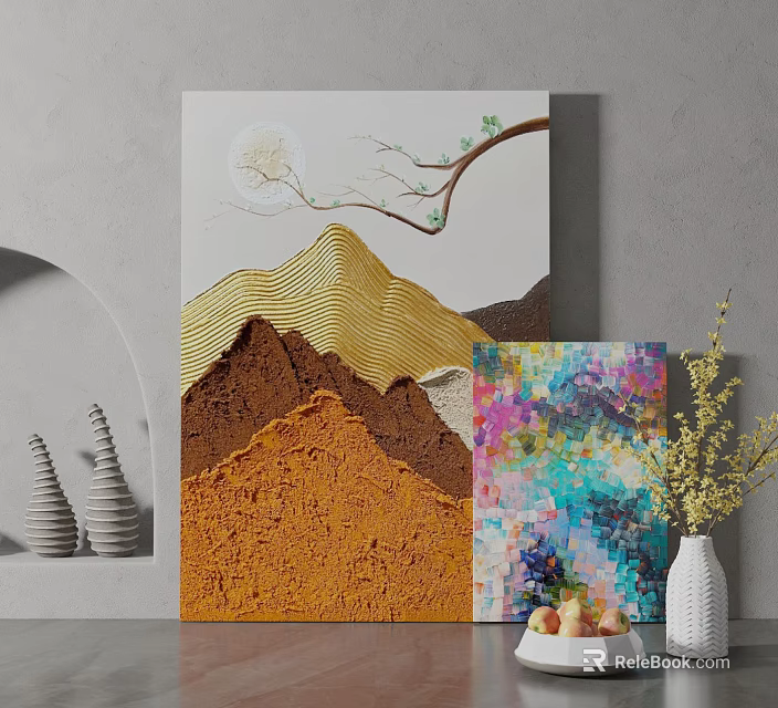 Decorative Wall Art With Mountain Pattern And Abstract Painting In Interior Decor 3d model