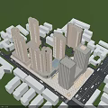 Tall Modern Office Buildings Complex With Surrounding Low Rise Structures And Roads 3d model