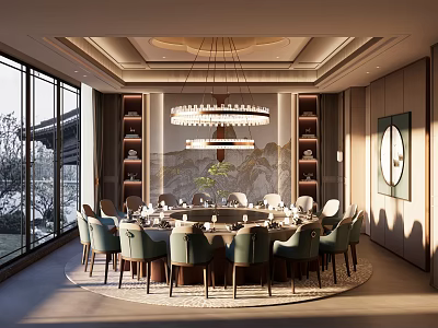 Elegant Modern Private Dining Room Interior With Round Table Chandelier Shelves And Large Windows 3d model