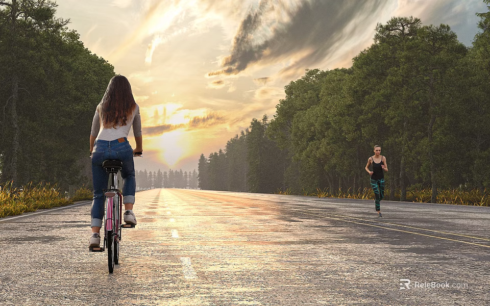 Scenic Municipal Road Lined With Trees During Sunset For Cycling And Jogging 3d model 