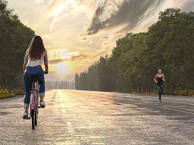 Scenic Municipal Road Lined With Trees During Sunset For Cycling And Jogging 3d model