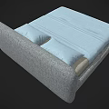 Modern Upholstered Double Bed With Gray Frame Light Blue Sheet And Pillows