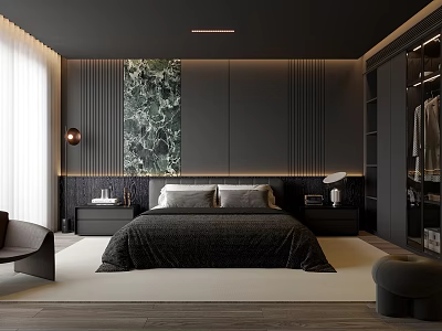 Modern Dark Bedroom Interior Design With Green Marble Wall Art Built in Wardrobe And Upholstered Bed 3d model