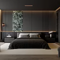 Modern Dark Bedroom Interior Design With Green Marble Wall Art Built in Wardrobe And Upholstered Bed