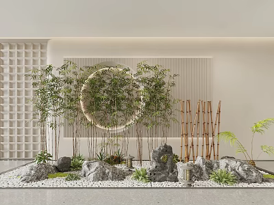 Bamboo Plants With Round Decorative Ring Rocks And Pebble Ground In Modern Interior 3d model