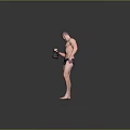 Shirtless Muscular Man In Dark Underwear Holding Dumbbell Exercising Gray Background Fitness Pose